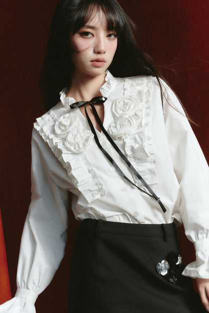 Contrast Ensemble: Crystal-embellished Tweed Mini Skirt & Victorian Ruffle Blouse Set