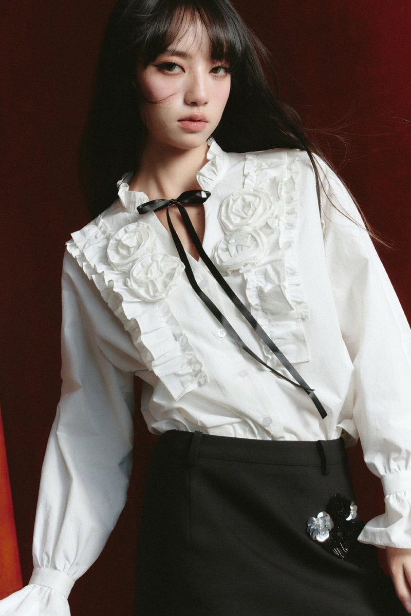 Contrast Ensemble: Crystal-embellished Tweed Mini Skirt & Victorian Ruffle Blouse Set