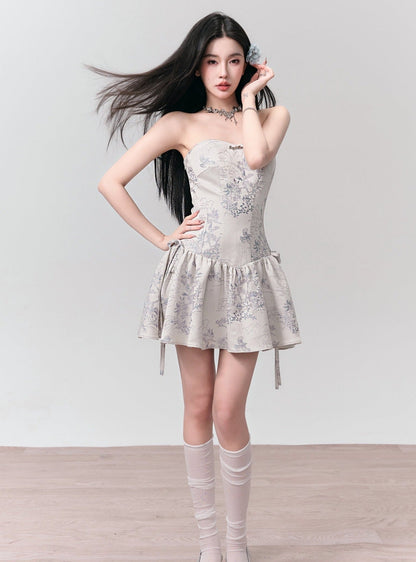 Enchanted Garden Strapless Mini Dress: Ivory Jacquard With Side Bow Details