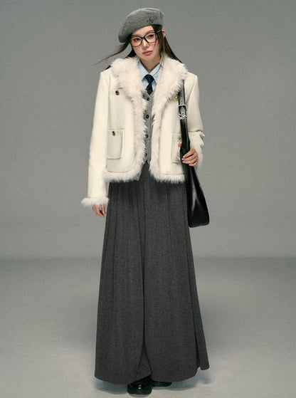 Ivory Boucle Jacket: Faux Fur Trim Cropped Coat With Gold Buttons