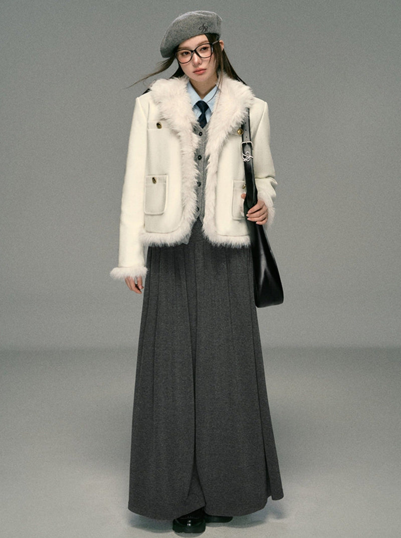 Ivory Boucle Jacket: Faux Fur Trim Cropped Coat With Gold Buttons