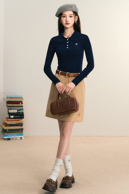 Classic Ribbed Polo Sweater - Long Sleeve Fitted Knit Top