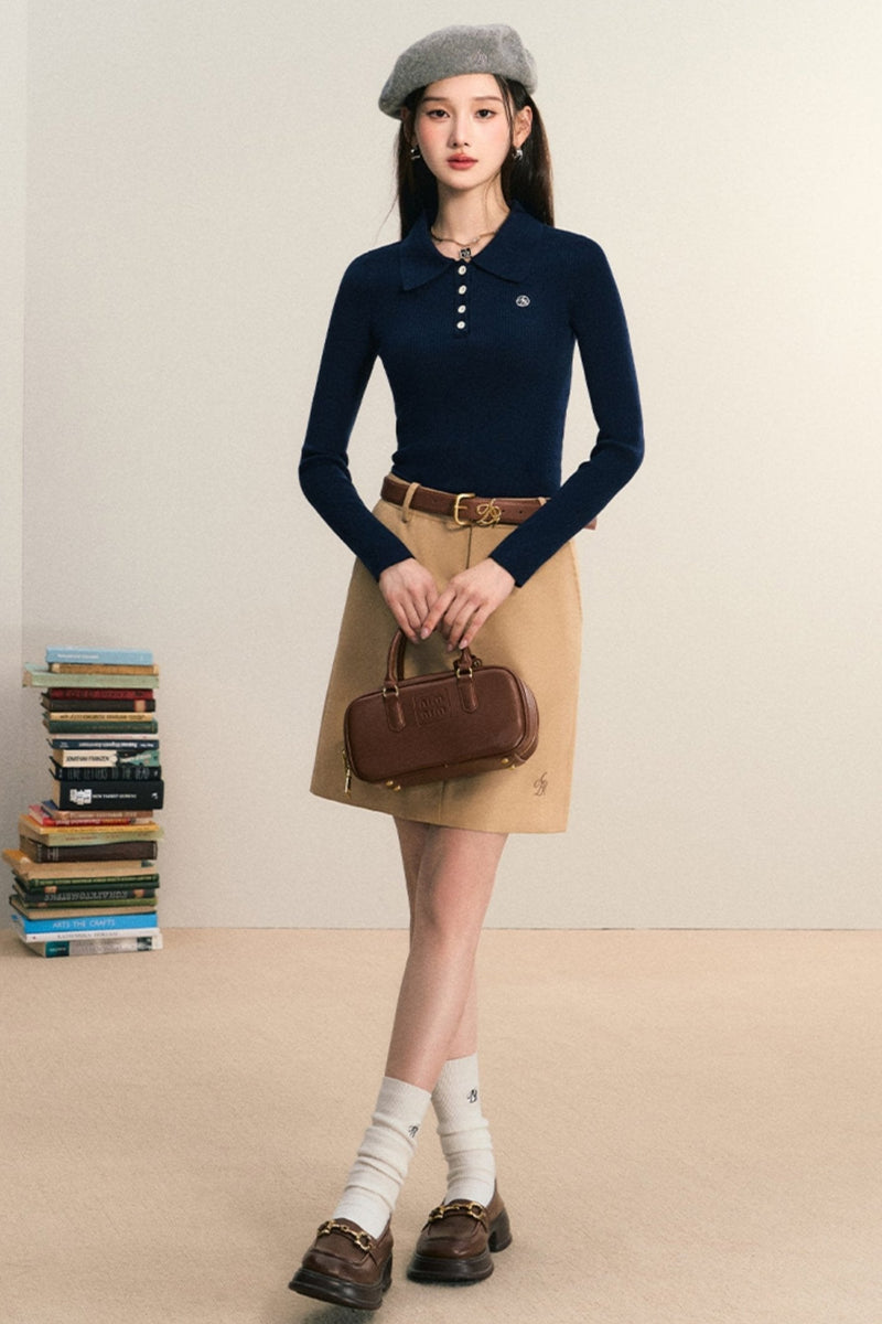 Classic Ribbed Polo Sweater - Long Sleeve Fitted Knit Top