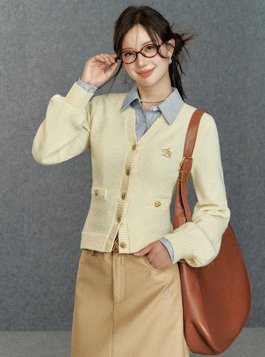 Cream Puff Sleeve Cardigan - Classic Button-up Knit Sweater