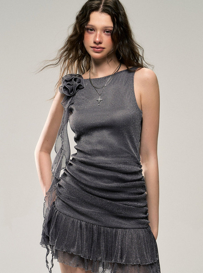 Ruched Mesh Mini Dress