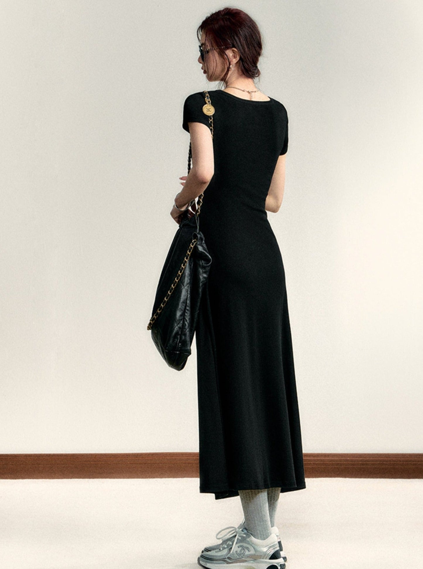 Scoop Neck Maxi T-shirt Dress - Side Ruched Jersey Knit Gown