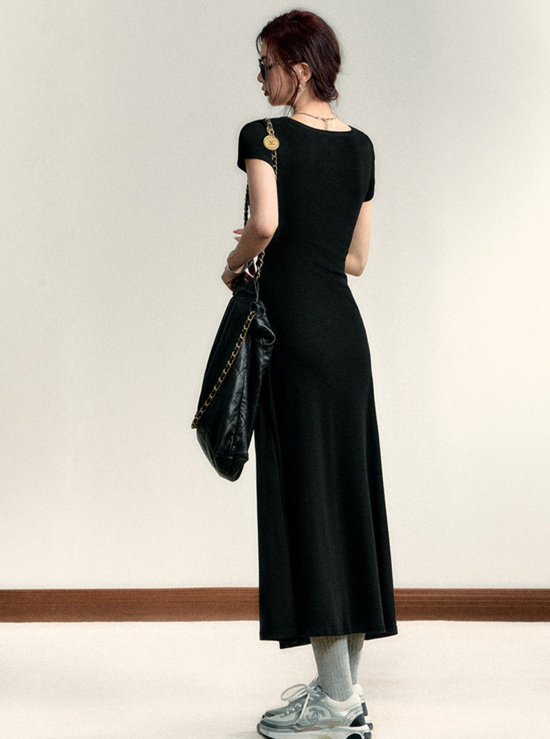 Scoop Neck Maxi T-shirt Dress - Side Ruched Jersey Knit Gown