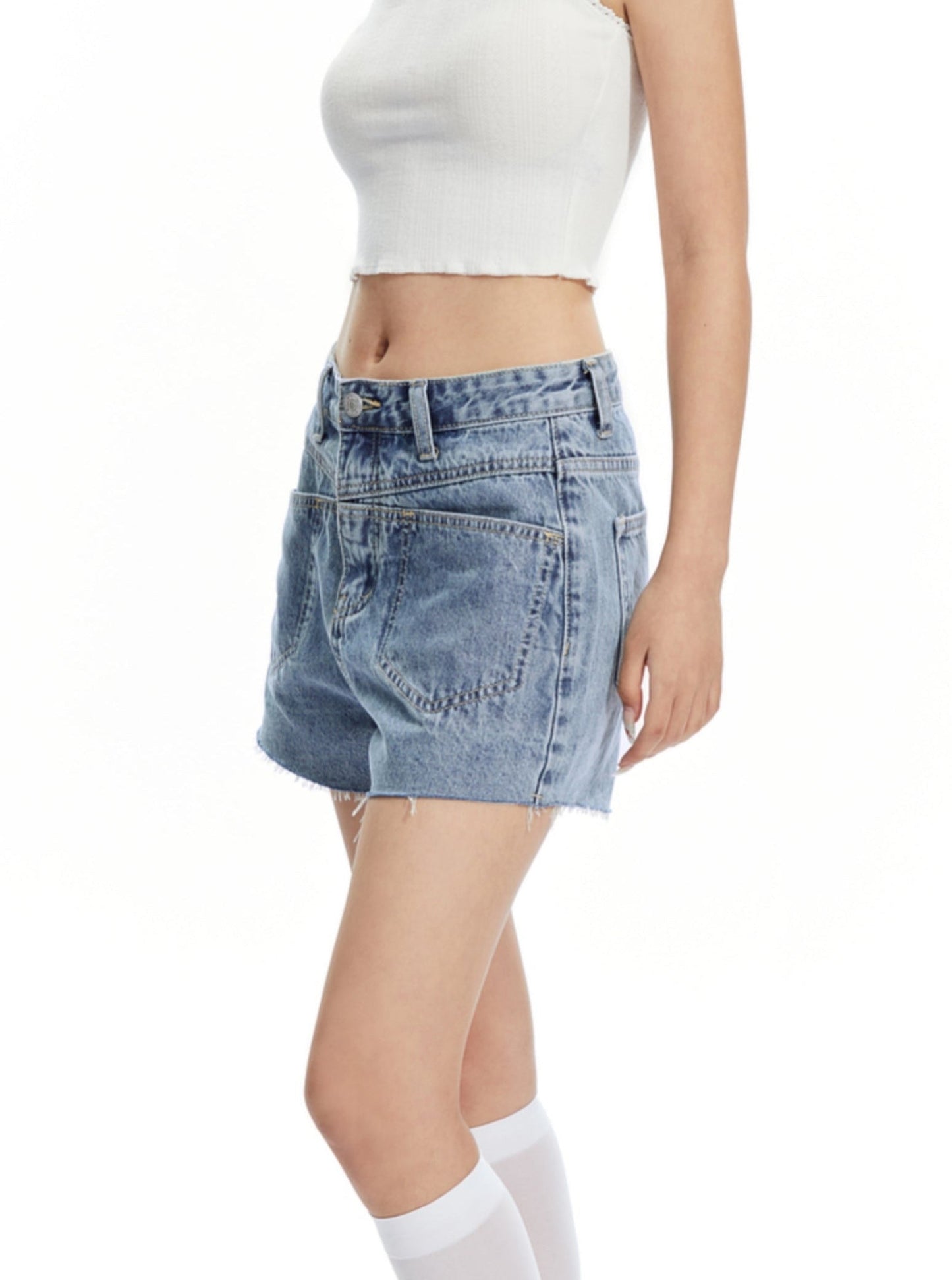 High-waisted Denim Shorts With Unique Waistband Detail