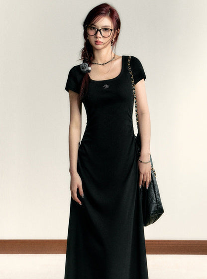 Scoop Neck Maxi T-shirt Dress - Side Ruched Jersey Knit Gown