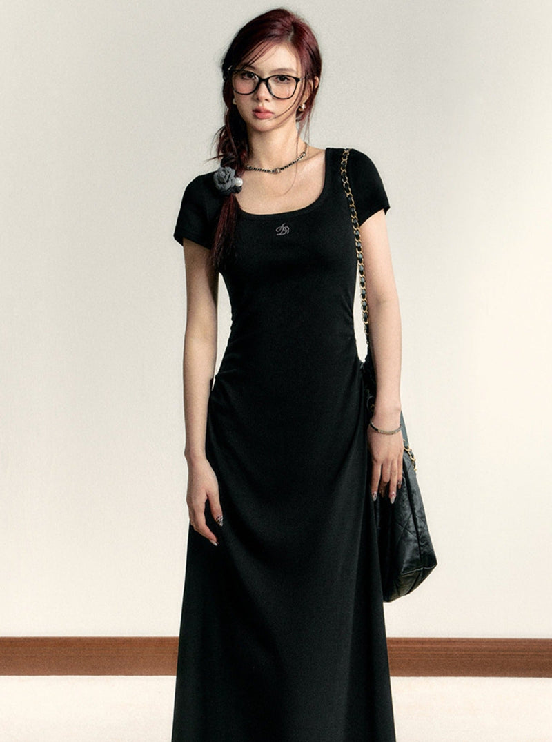 Scoop Neck Maxi T-shirt Dress - Side Ruched Jersey Knit Gown