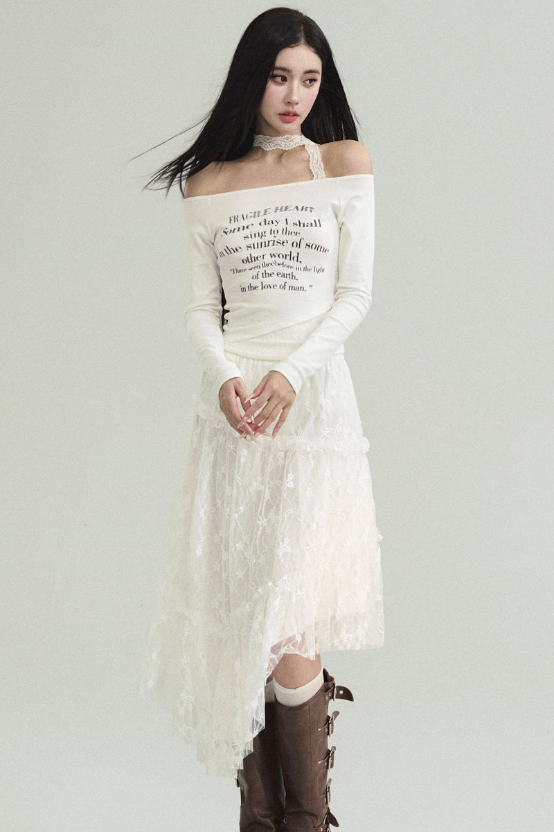 Ethereal Elegance Set: Off-shoulder Poetic Print Crop Top & Asymmetric Lace Midi Skirt