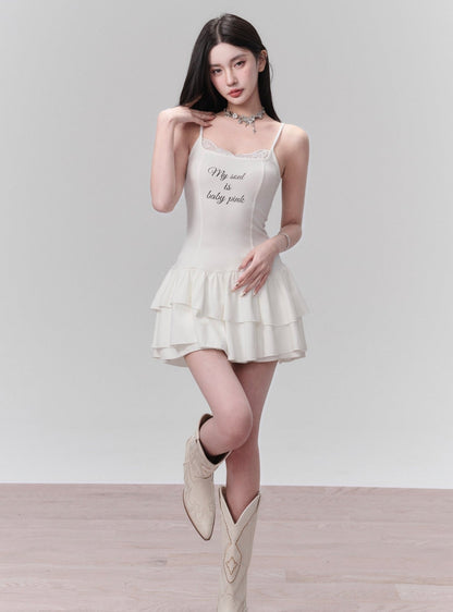 White Ruffled Spaghetti Strap Mini Dress With Slogan Print