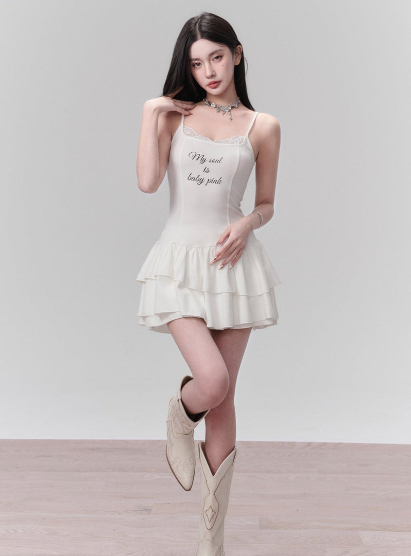 White Ruffled Spaghetti Strap Mini Dress With Slogan Print