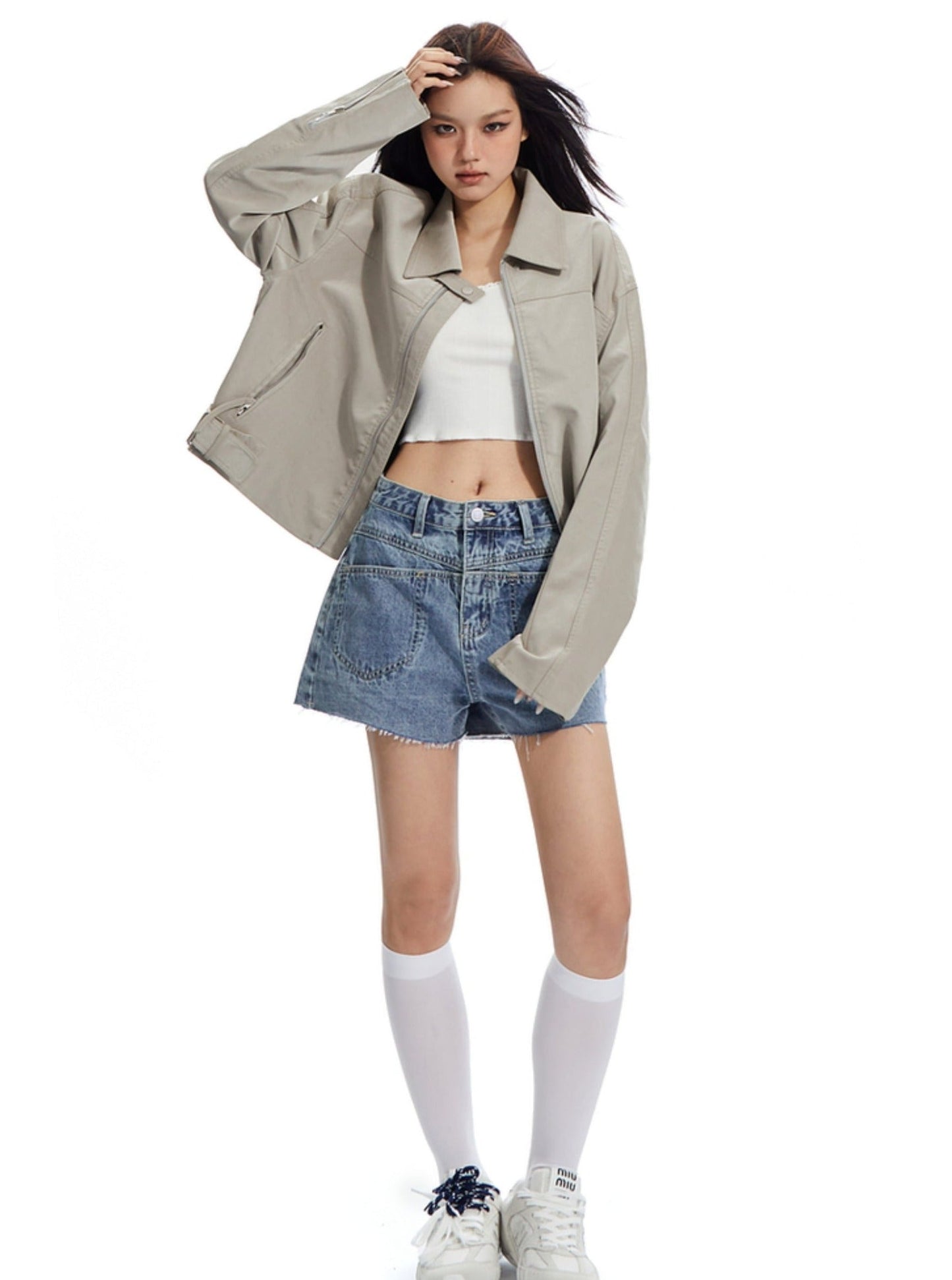 High-waisted Denim Shorts With Unique Waistband Detail