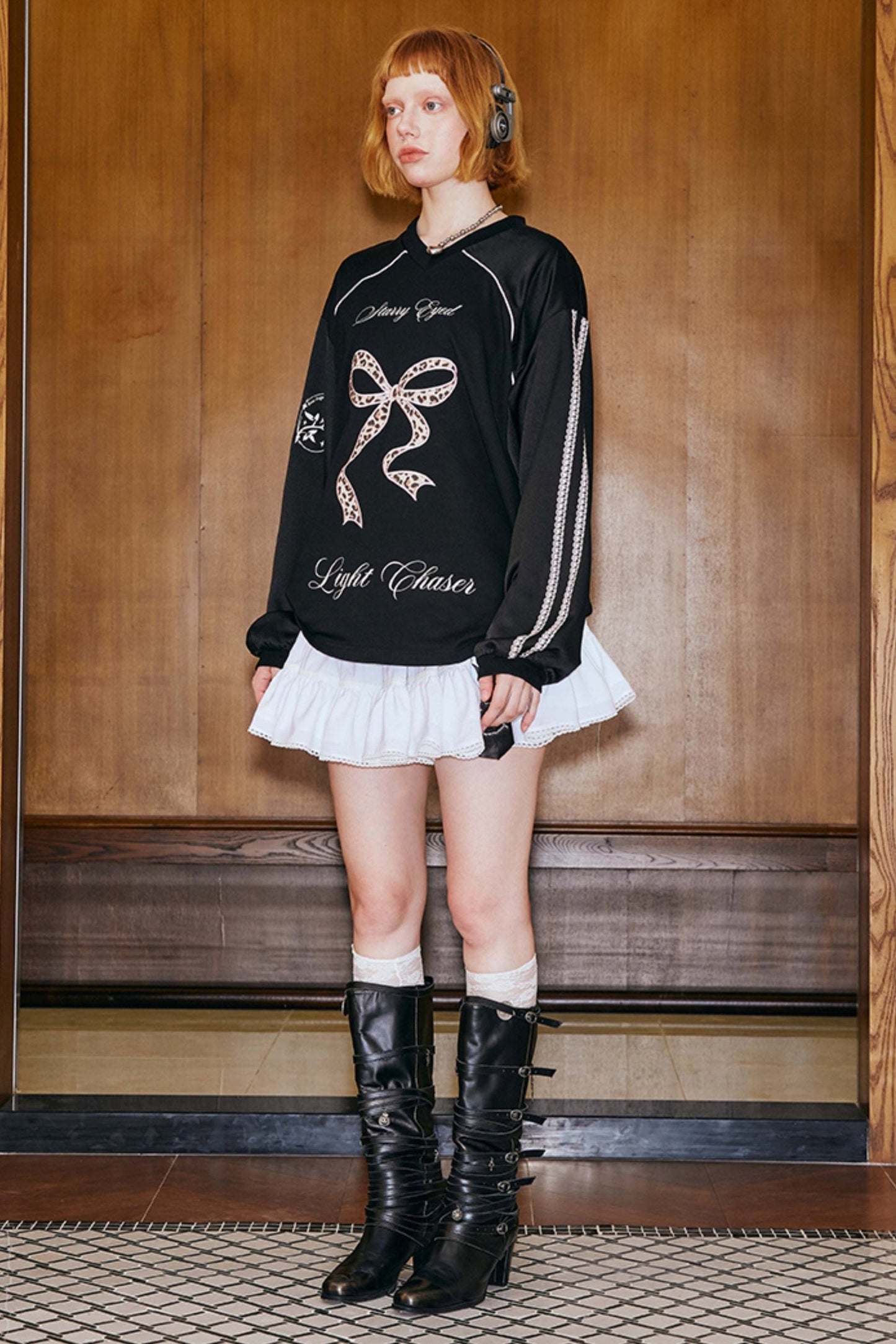 Bow V-neck Leopard Print Black Long-sleeve Sweatshirt