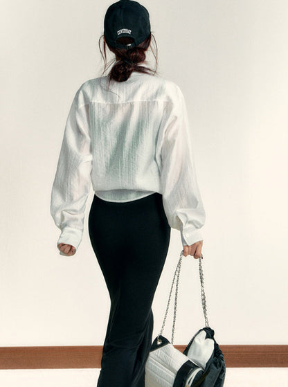 Classic White Long Sleeve Button-down Shirt: Crisp Cotton Collared Blouse With Embroidered Logo
