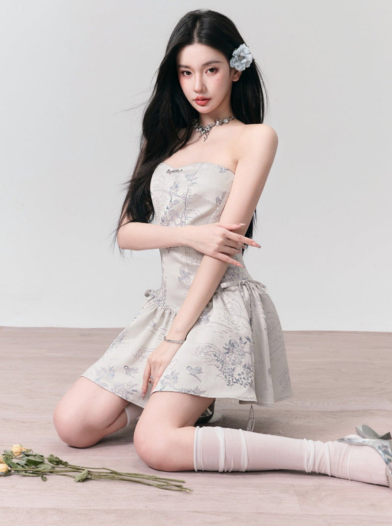 Enchanted Garden Strapless Mini Dress: Ivory Jacquard With Side Bow Details