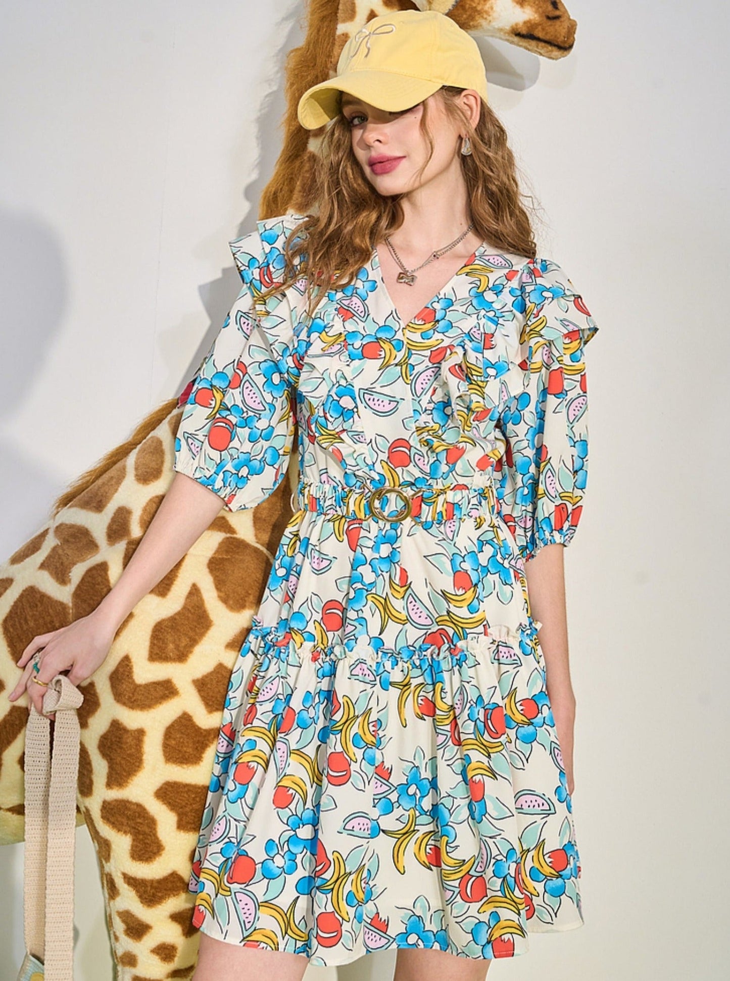 Fruit Print Ruffle V-neck Mini Dress