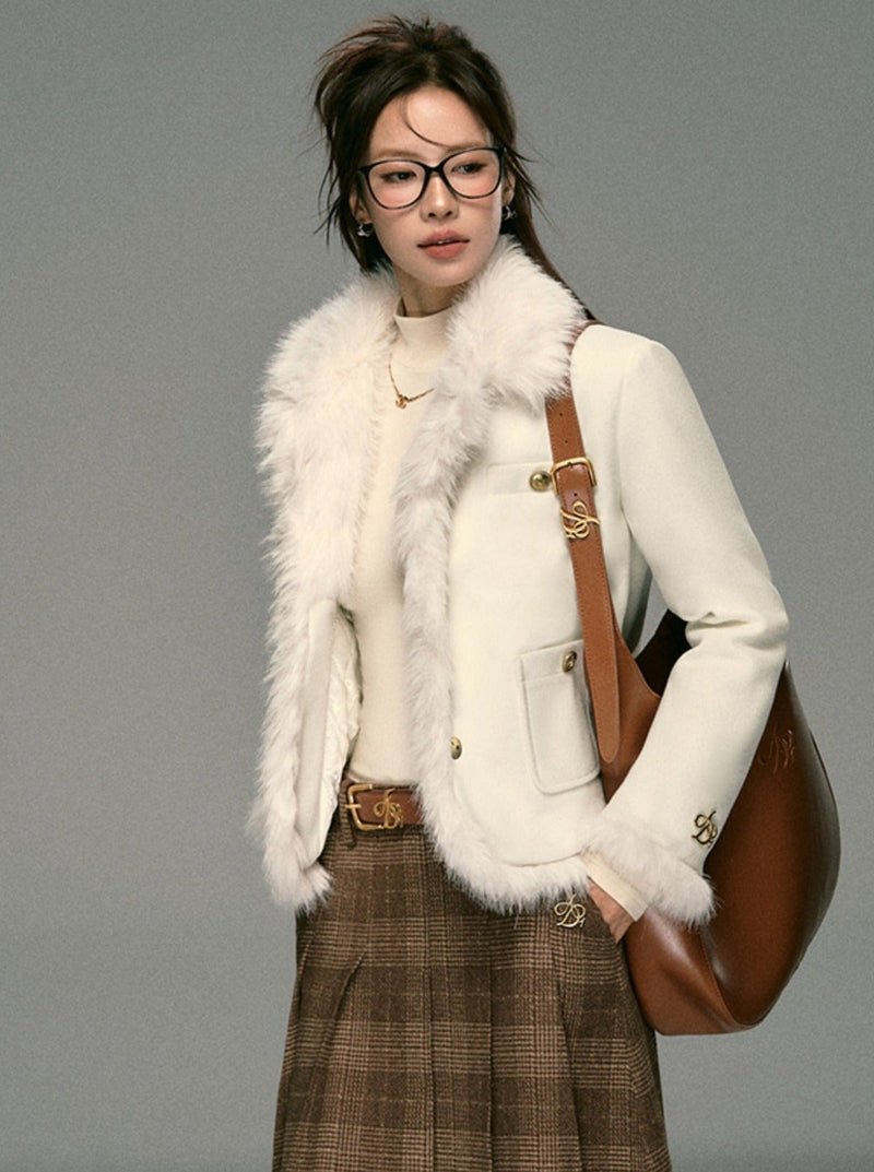 Ivory Boucle Jacket: Faux Fur Trim Cropped Coat With Gold Buttons