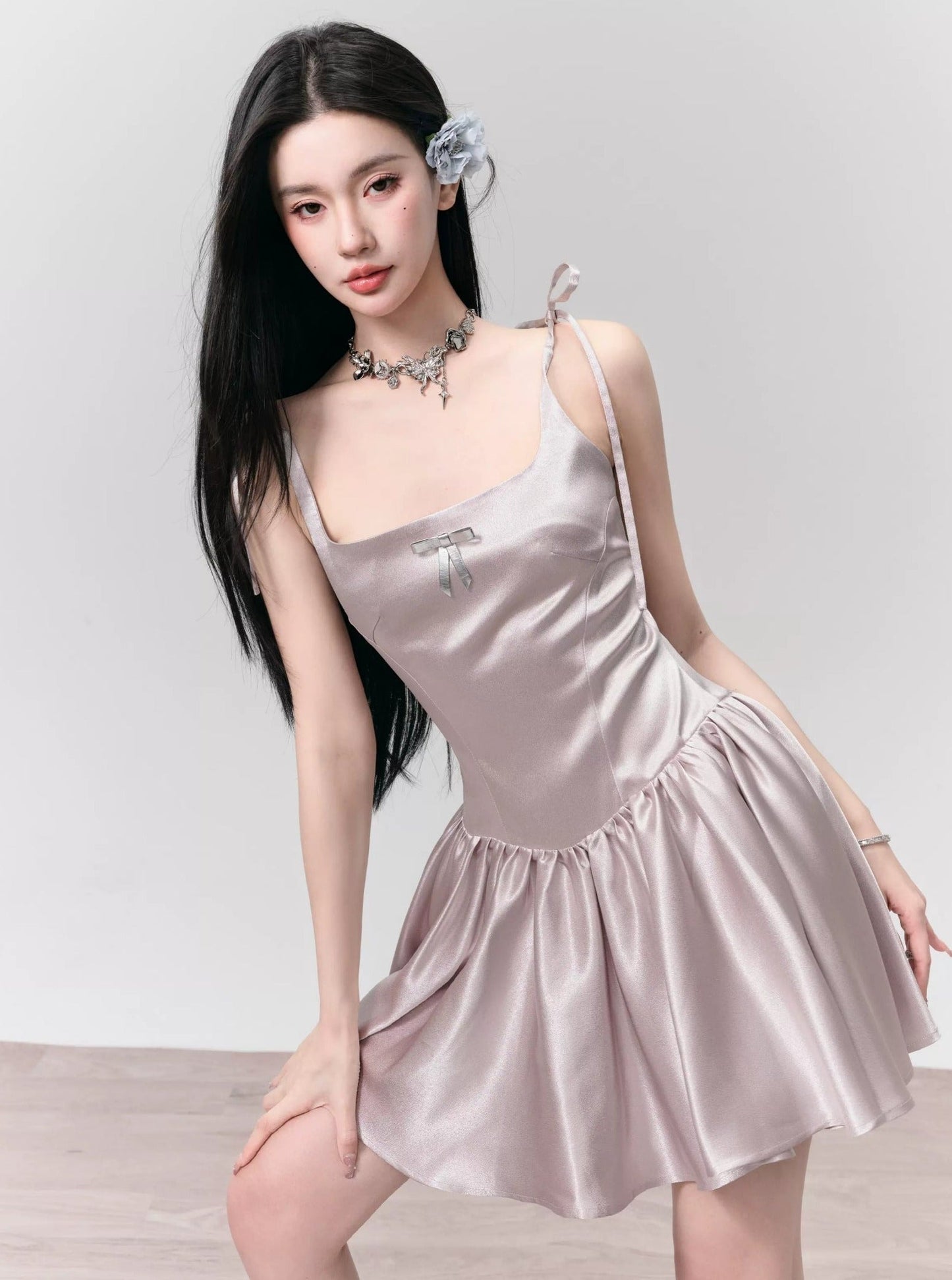 Silvery Gray Satin Mini Dress With Tie Straps