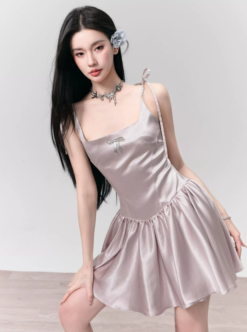 Silvery Gray Satin Mini Dress With Tie Straps