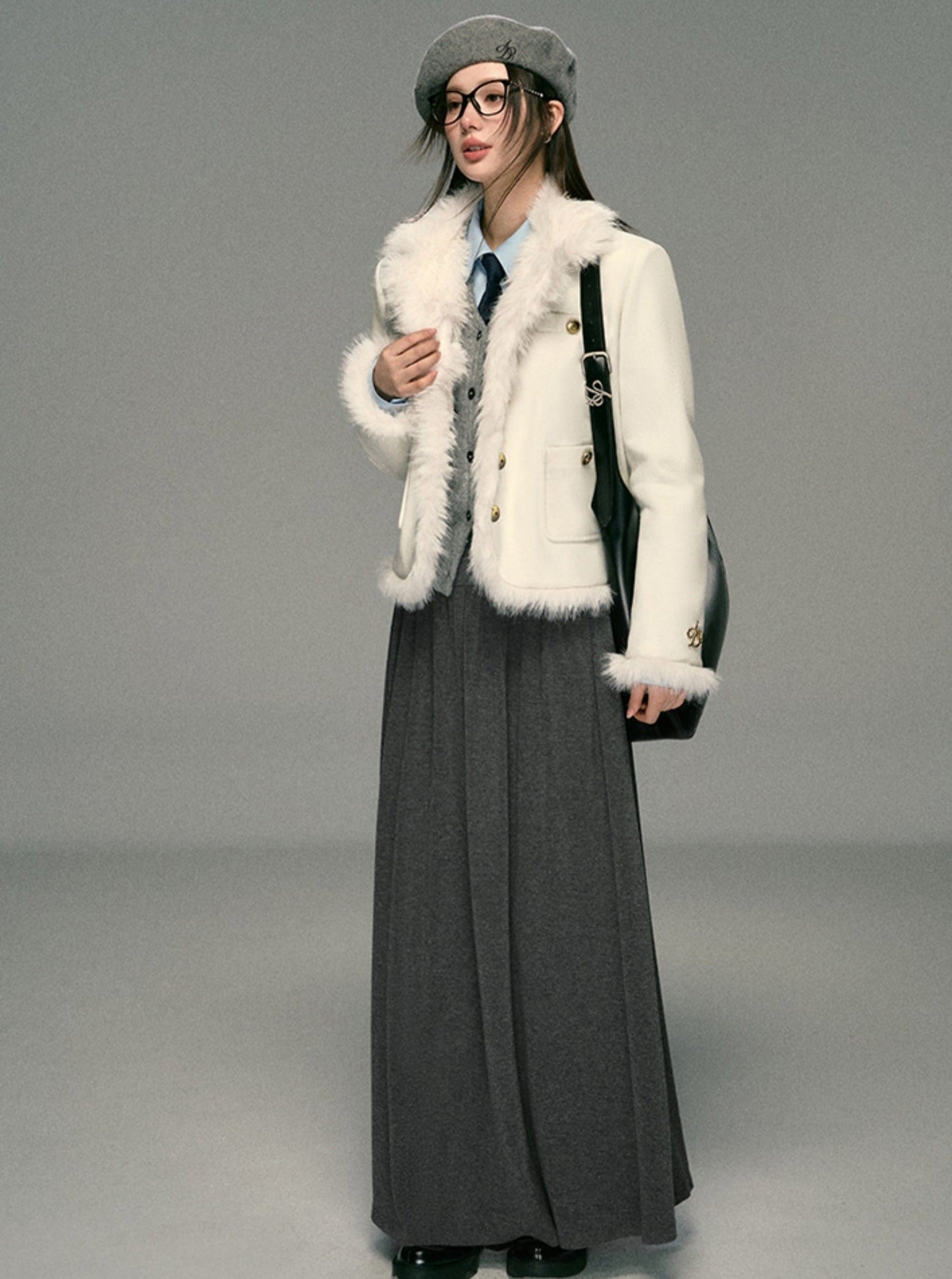 Ivory Boucle Jacket: Faux Fur Trim Cropped Coat With Gold Buttons