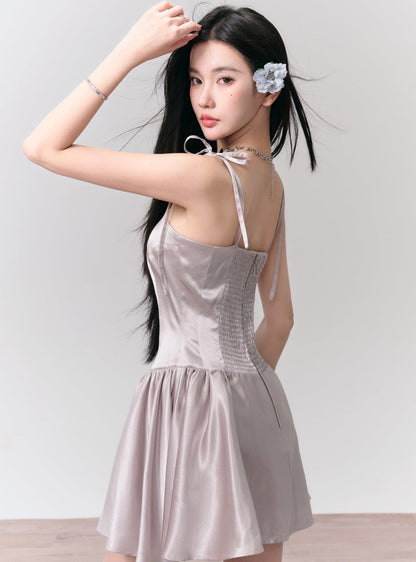Silvery Gray Satin Mini Dress With Tie Straps