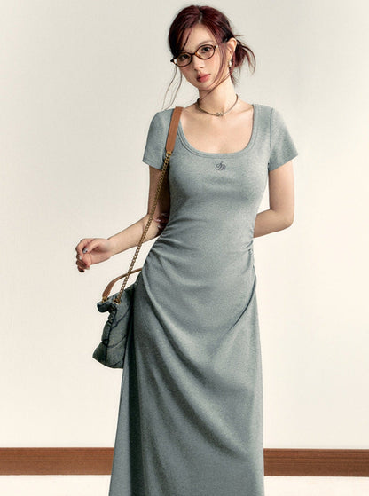 Scoop Neck Maxi T-shirt Dress - Side Ruched Jersey Knit Gown
