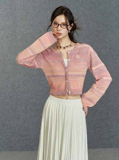 Cropped Pastel Cardigan - Sheer Knit Button-up Sweater