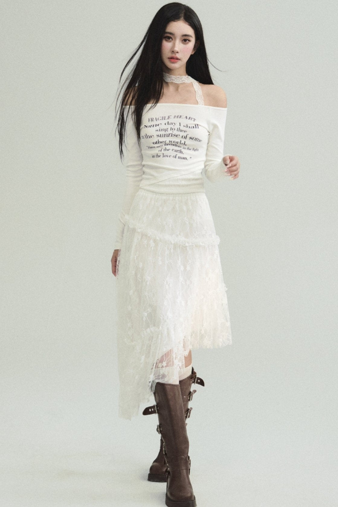 Ethereal Elegance Set: Off-shoulder Poetic Print Crop Top & Asymmetric Lace Midi Skirt