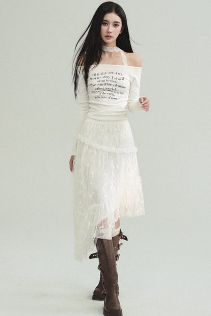 Ethereal Elegance Set: Off-shoulder Poetic Print Crop Top & Asymmetric Lace Midi Skirt
