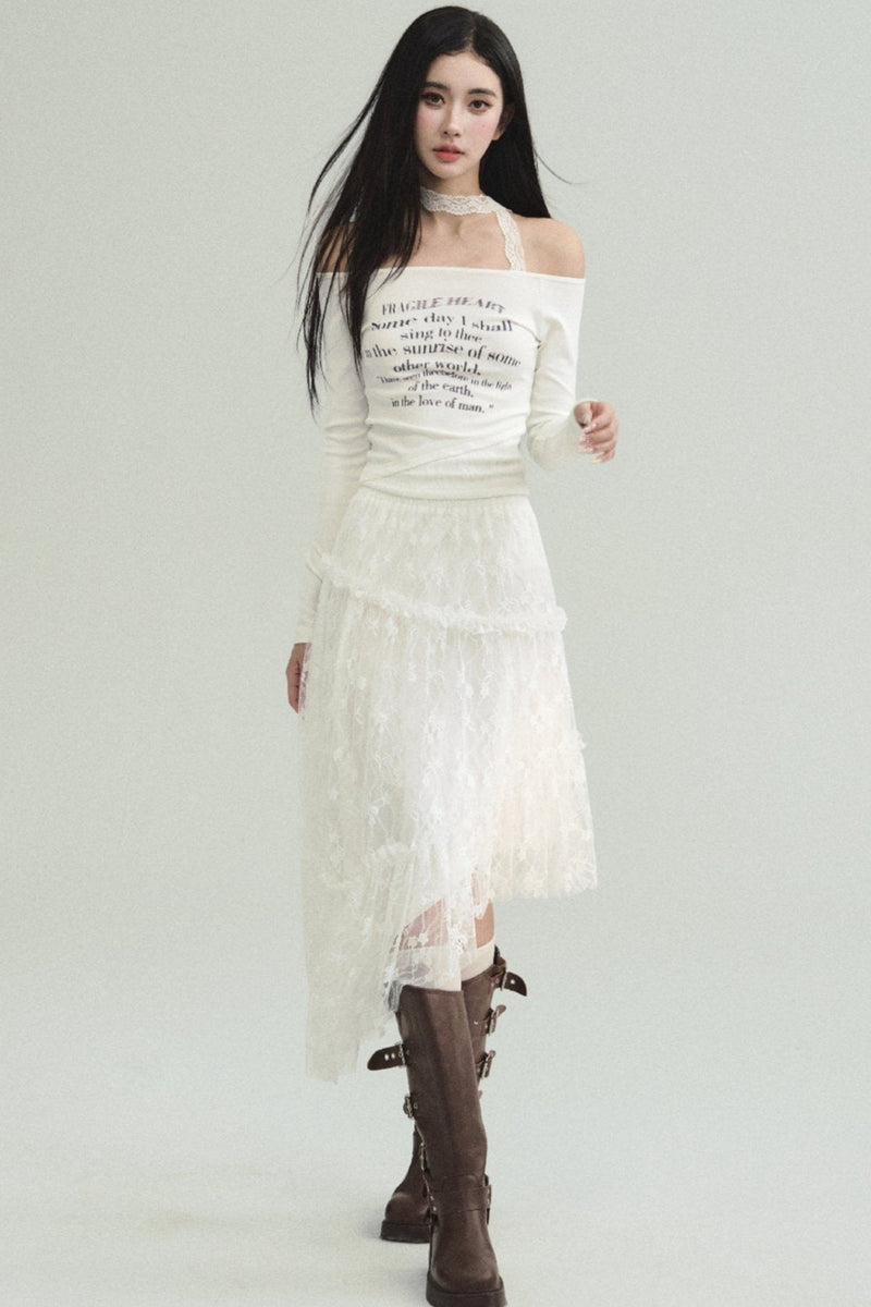 Ethereal Elegance Set: Off-shoulder Poetic Print Crop Top & Asymmetric Lace Midi Skirt