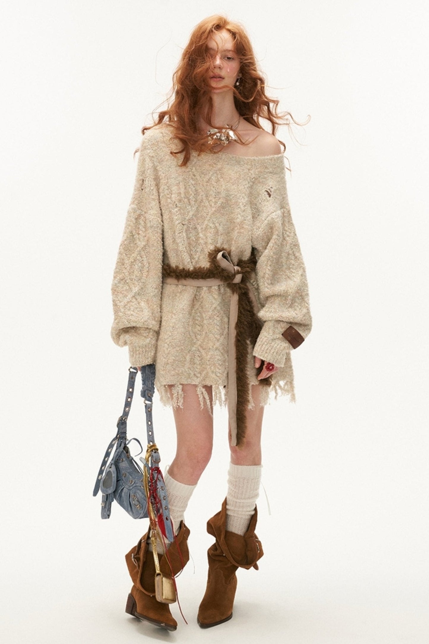 Distressed Belted Sweater Dress