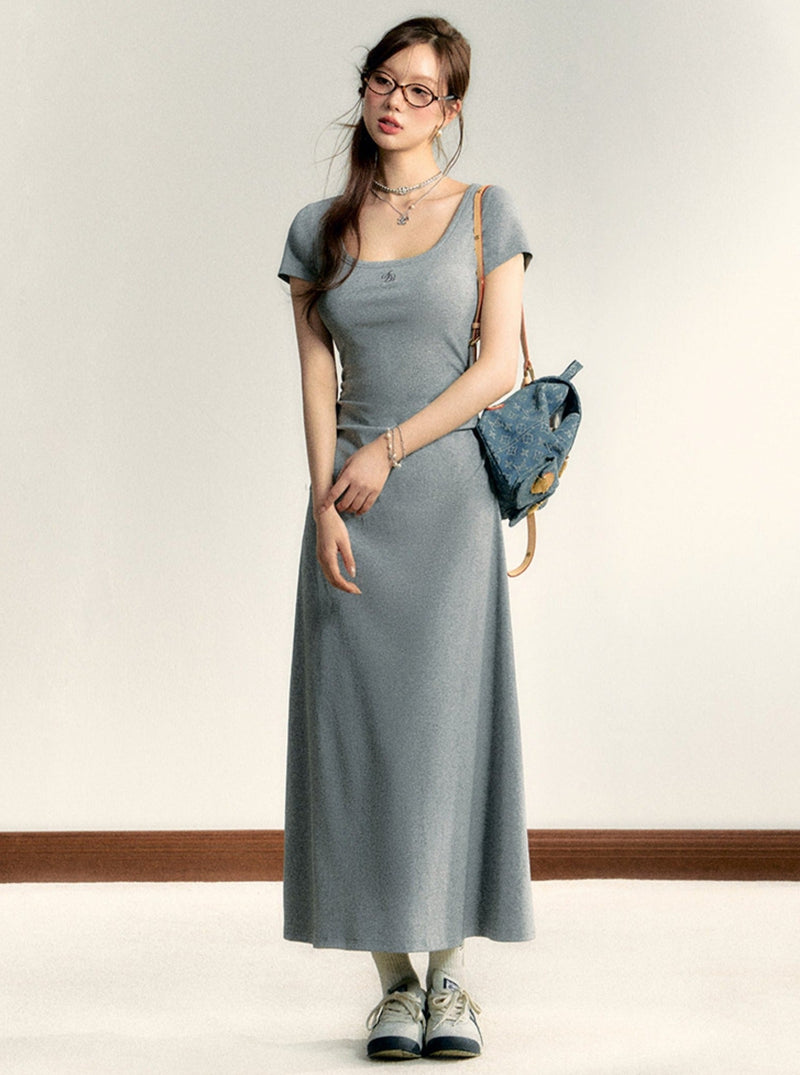 Scoop Neck Maxi T-shirt Dress - Side Ruched Jersey Knit Gown