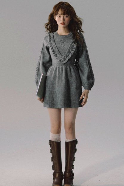 Ruffled Yoke Knit Sweater Dress