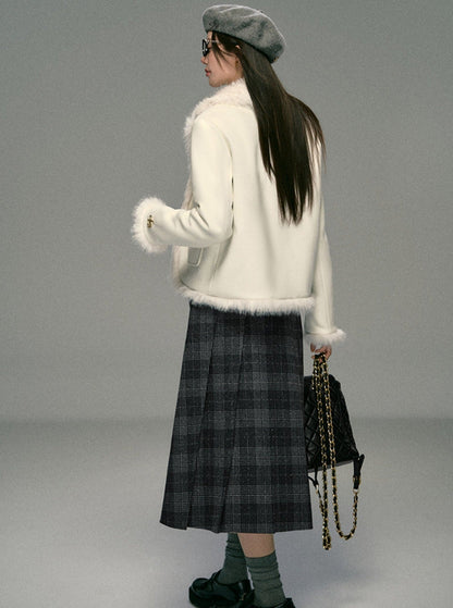Ivory Boucle Jacket: Faux Fur Trim Cropped Coat With Gold Buttons