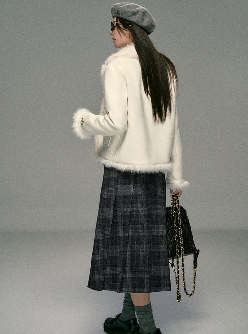 Ivory Boucle Jacket: Faux Fur Trim Cropped Coat With Gold Buttons