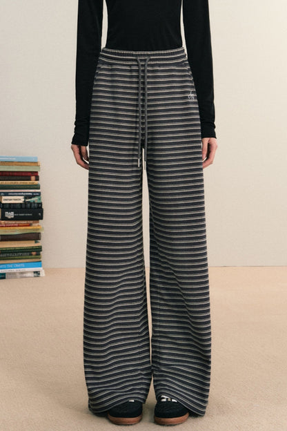 Striped Wide-leg Lounge Pants - Drawstring Waist Palazzo Trousers
