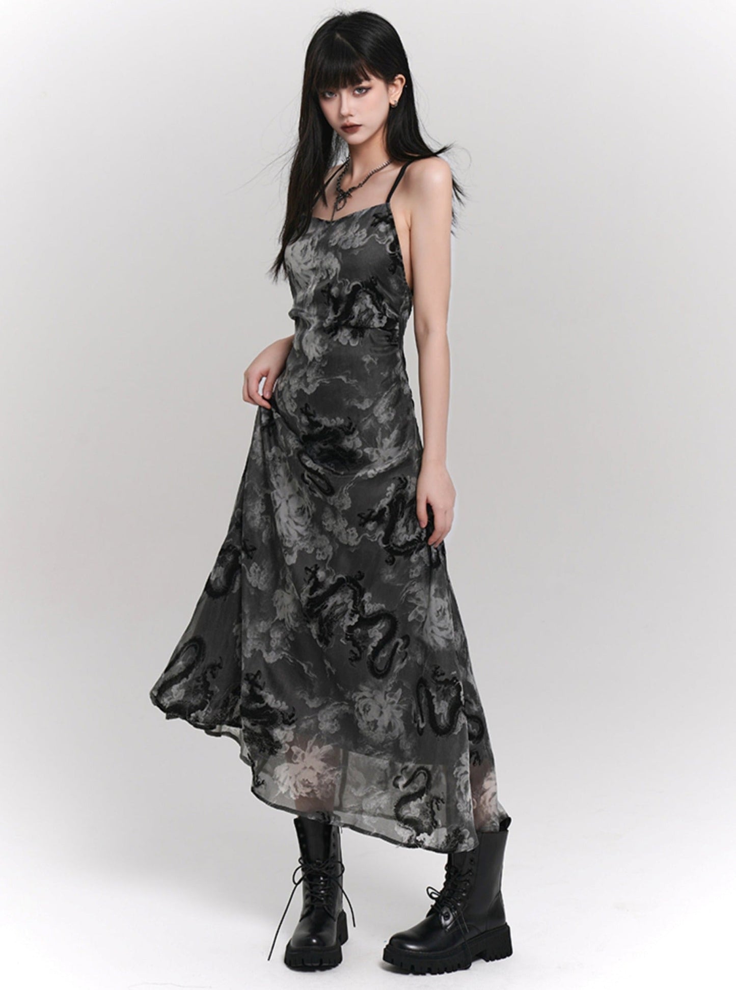 Ladyghost Chinese Style Fitted Maxi Dress - Gray Patterned Sleeveless Ankle-length