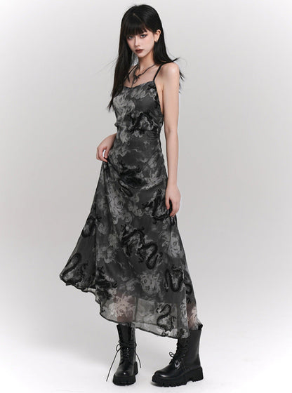 Ladyghost Chinese Style Fitted Maxi Dress - Gray Patterned Sleeveless Ankle-length