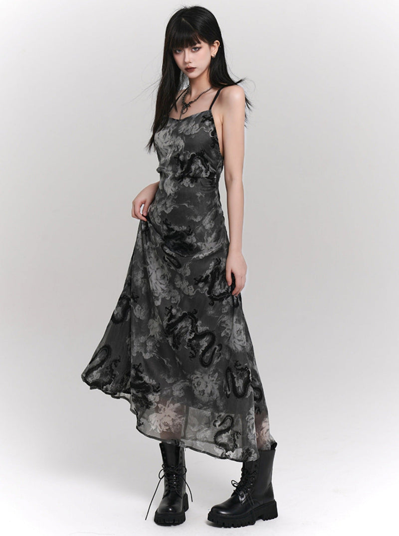 Ladyghost Chinese Style Fitted Maxi Dress - Gray Patterned Sleeveless Ankle-length