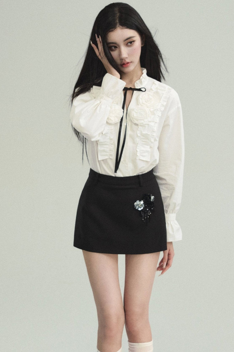Contrast Ensemble: Crystal-embellished Tweed Mini Skirt & Victorian Ruffle Blouse Set