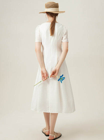 Classic White Midi Dress With Puff Sleeves
