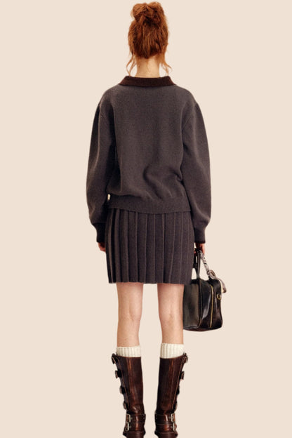 Collared Button Knit Sweater Skirt Set Up