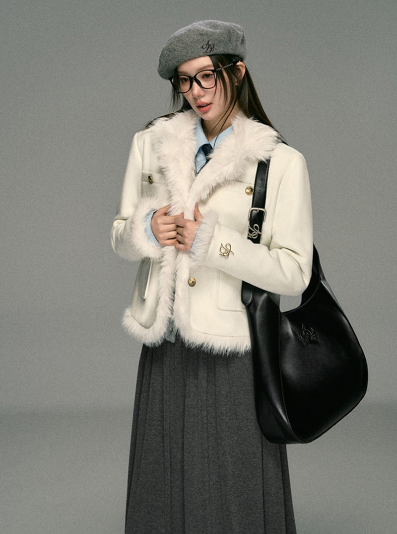 Ivory Boucle Jacket: Faux Fur Trim Cropped Coat With Gold Buttons