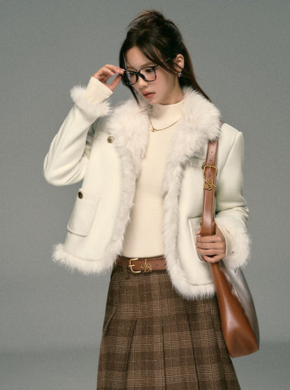 Ivory Boucle Jacket: Faux Fur Trim Cropped Coat With Gold Buttons