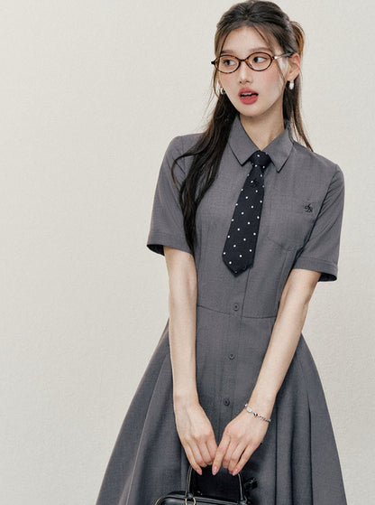 Charcoal Gray Shirt Dress: A-line Button-down With Short Sleeves and Collared Neckline