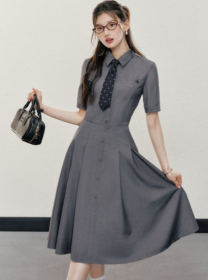 Charcoal Gray Shirt Dress: A-line Button-down With Short Sleeves and Collared Neckline