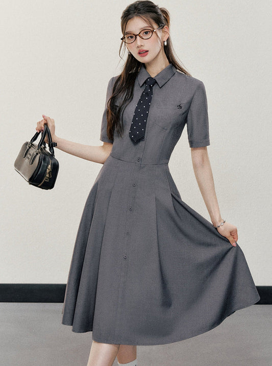 Charcoal Gray Shirt Dress: A-line Button-down With Short Sleeves and Collared Neckline