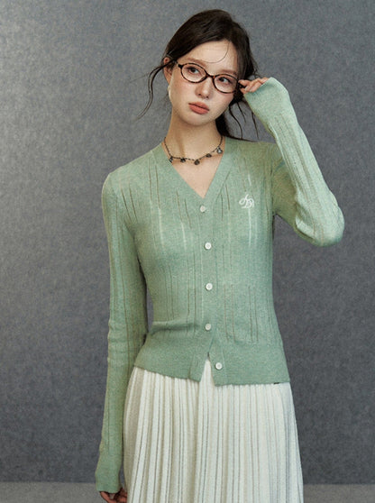 Ribbed Cardigan: Classic V-neck With Signature Embroidery